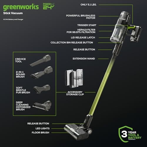Greenworks 24V Brushless Cordless Stick Vacuum, Lightweight, Handheld, Pet, Anti-Allergen HEPA Filtration, Hard Floor, Carpet, Car, 4Ah Battery, and 30-Minute Charge Time (Green)
