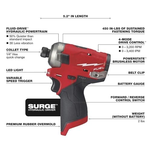 2551-20 for Milwaukee M12 FUEL 1/4" Hex Hydraulic Driver Length 5.2 in Height 6.8 in Width 2.2 in