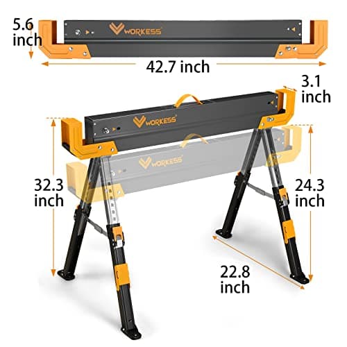 Saw Horses 2 Pack Folding, 2600 Lbs Load Capacity & 24-32 Inch Adjustable Height Heavy Duty Sawhorse Table with 2x4 Support Arms, Portable Folding Legs and Easy Grip Handle for Woodworking