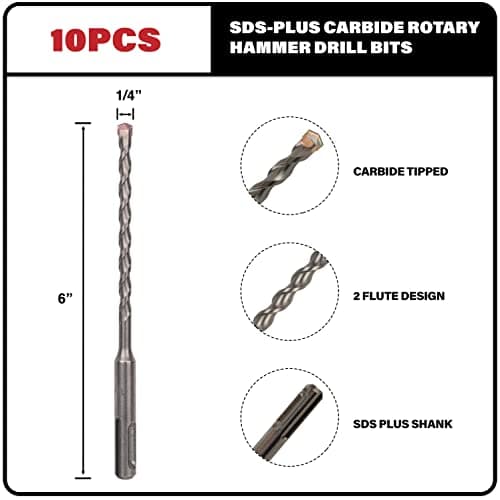 10-Pack 1/4 Inch x 6 Inch SDS Plus Rotary Hammer Drill Bits, Carbide Tipped for Brick, Stone and Concrete (1/4” x 4" x 6")