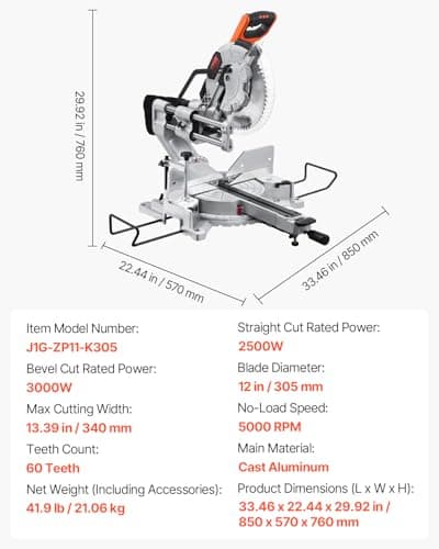VEVOR Sliding Compound Miter Saw, 12-Inch Blade, 15 Amp Motor, 60-Tooth, Corded Double Bevel Sliding Miter Saw, LED Precision Alignment, Angle Adjustable, for Wood, Composite Decking, Laminates
