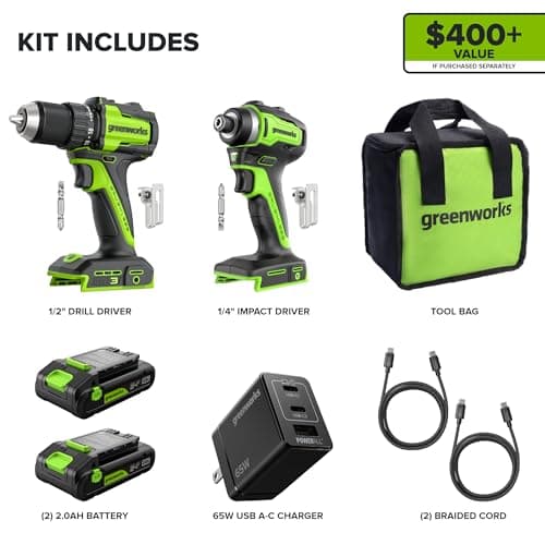 Greenworks 24V Cordless Brushless 400 in-lbs Drill/Driver+1950 in-lbs Impact Driver Combo,High Torque, Lightweight, (2) 2.0Ah USB-C Batteries(12,000mAh Power Bank) and 65W USB-C Fast Charger(3-Port)