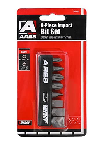 ARES 70013-8-Piece S2 Steel Impact Driver Bit Set - Includes Phillips 1,2,3,4 and Slotted 1/4-Inch, 5/16-Inch, 3/8-Inch and 1/2-Inch Bits - High Alloy S2 Steel Construction
