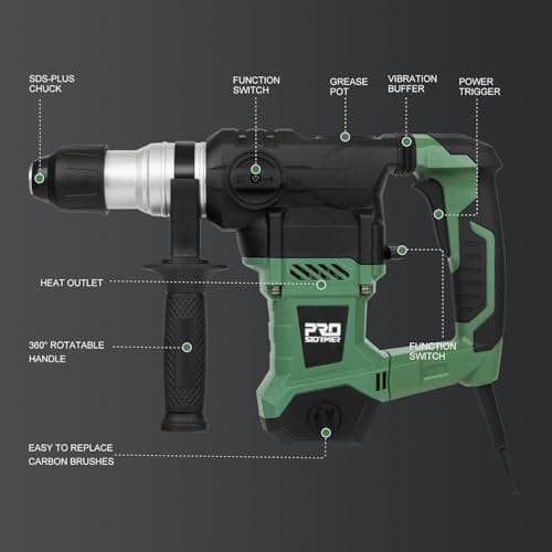 Prostormer 1-1/4" SDS-Plus Rotary Hammer, 13 Amp Powerful Motor, 4 Functions Rotary Hammer Drill with Case, Including Grease, Chisels, Drill Bits, for Concrete, Steel, Wood
