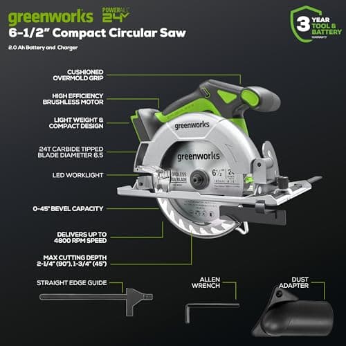 Greenworks 24V Circular Saw,Brushless 6-1/2"Battery Circular saw Cordless,4,800 RPM,Adjustable Cutting Depth 45°/90°,With 24V 2Ah Battery and Charger