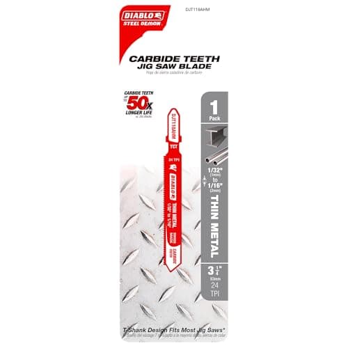 Diablo Carbide Jig Saw Blade - Ideal for Cutting Thin Metals, Aluminum, and Sheet Metal - 3-1/4" Length, 24 TPI, T-Shank - DJT118AHM