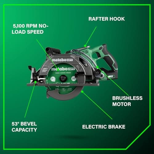 Metabo HPT 36V MultiVolt 7-1/4 Inch Rear Handle Circular Saw, Cordless Circular Saw with 36V Battery, Lightweight Design, 53° Bevel Capacity, Brushless Motor, Electric Brake, C3607DWA