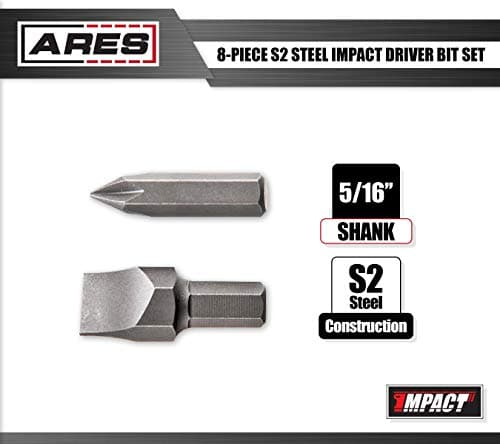 ARES 70013-8-Piece S2 Steel Impact Driver Bit Set - Includes Phillips 1,2,3,4 and Slotted 1/4-Inch, 5/16-Inch, 3/8-Inch and 1/2-Inch Bits - High Alloy S2 Steel Construction