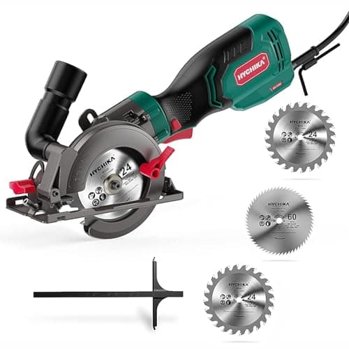 HYCHIKA 6.2A Mini Circular Saw with 3 Blades (4-1/2”), Compact Hand Saw Max 1-7/8" Cutting Depth, 3500RPM, Rubber Handle & 10ft Cord for Wood, Metal, Plastic, Tile