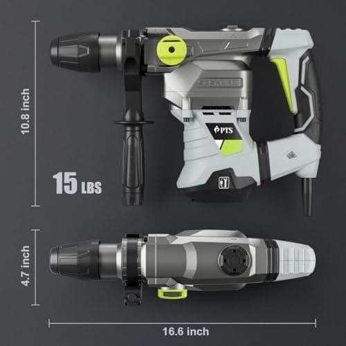 PTS 1-9/16 Inch SDS-Max Rotary Hammer, 13.5 Amp Heavy Duty 3 Functions Corded Concrete Demolition Hammer, w/Vibration Control & Safety Clutch, Includes Drill Bits, Chisels, Carrying Case (Green)