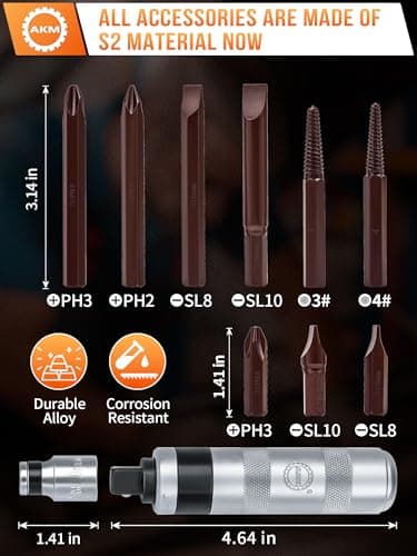 AKM 1/2" Hand Manual Reversible Impact Driver Set Extractor-12 PCS Impact Screwdriver S2 Steel Much More Durable Disengage Rusted Fasteners or Frozen Bolts