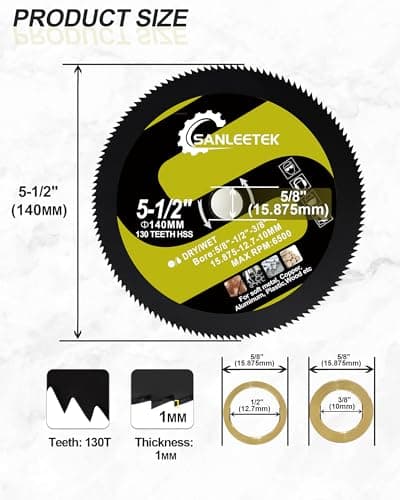 HSS Circular Saw Blade 5-1/2 Inch 130 Tooth SANLEETEK Cutting Plywood, OSB, Paneling, Vinyl Siding, Non-Ferrous Metals, Plastic, Copper, Aluminum with 5/8" Arbor, with 1/2" 3/8" Washer - 3 Pack