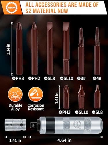 AKM 3/8" Hand Manual Reversible Impact Driver Set Extractor Impact Screwdriver S2 Steel Much More Durable Disengage Rusted Fasteners or Frozen Bolts