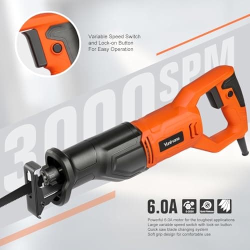 120V Reciprocating Saw, 6.0 Amp Variable Speed Corded Reciprocating Saw with 4/5" Stroke Length, 3000 SPM and 4-1/2" Max for Wood, Metal, PVC Pipe Cutting
