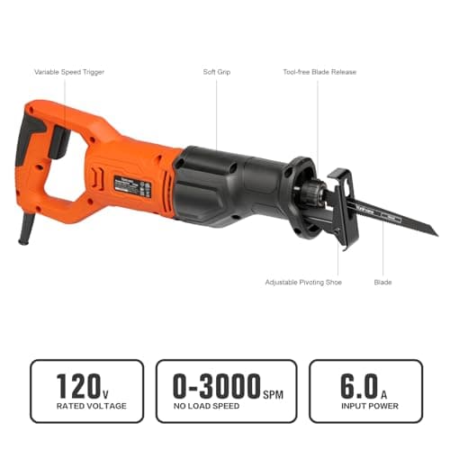 120V Reciprocating Saw, 6.0 Amp Variable Speed Corded Reciprocating Saw with 4/5" Stroke Length, 3000 SPM and 4-1/2" Max for Wood, Metal, PVC Pipe Cutting