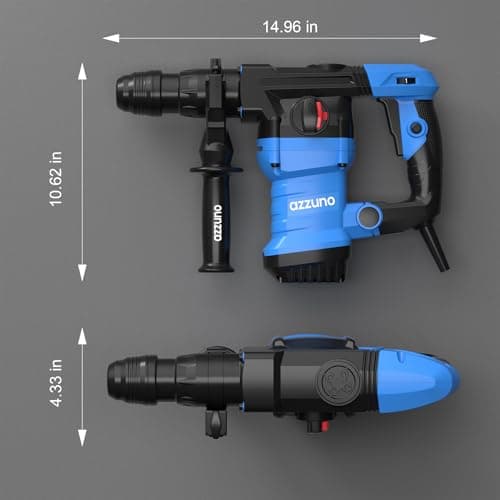 AZZUNO 1-1/4" SDS-Plus 15Amp Heavy Duty Rotary Hammer Drill, 4 Functions, for Drilling in Concrete, Brick and Stone, Includes Chisel and Drill Bits