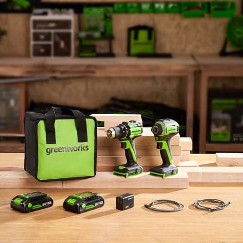 Greenworks 24V Cordless Brushless 400 in-lbs Drill/Driver+1950 in-lbs Impact Driver Combo,High Torque, Lightweight, (2) 2.0Ah USB-C Batteries(12,000mAh Power Bank) and 65W USB-C Fast Charger(3-Port)