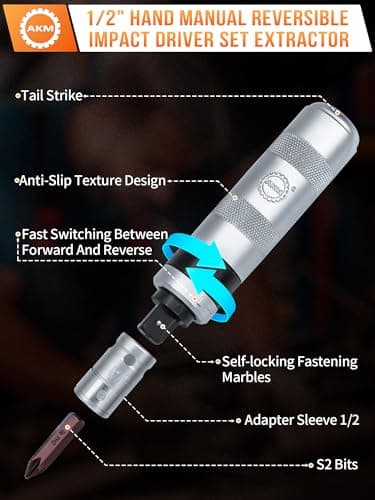 AKM 3/8" Hand Manual Reversible Impact Driver Set Extractor Impact Screwdriver S2 Steel Much More Durable Disengage Rusted Fasteners or Frozen Bolts