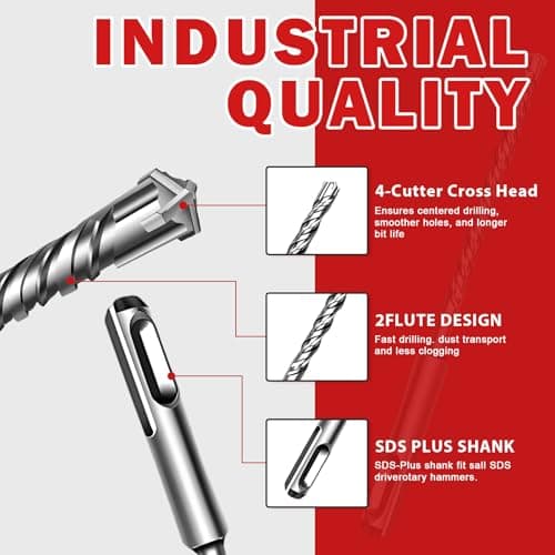 19-Piece SDS Plus Hammer Drill Bits for Concrete and Chisels Set, Cross Carbide Tip Masonry Drill Bit Set, Heavy-Duty Concrete Drill Bits for Brick & Stone, Storage Case Included