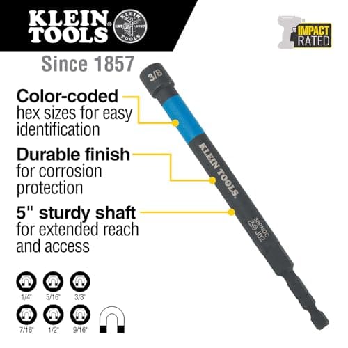 Klein Tools 32930 SAE Magnetic Impact Nut Setter Set, 6-Piece Color Coded Power Nut Driver with Extended Reach, 6 SAE Sizes