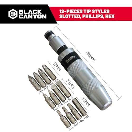 BLACK CANYON 1/2" S2 Hand Impact Screwdriver, 12-Pieces Tip Styles Slotted, Phillips, Hex, Manual Reversible Impact Driver, Disengage Rusted Fasteners or Frozen Bolts, Ideal Hand Tool for Men, Dad