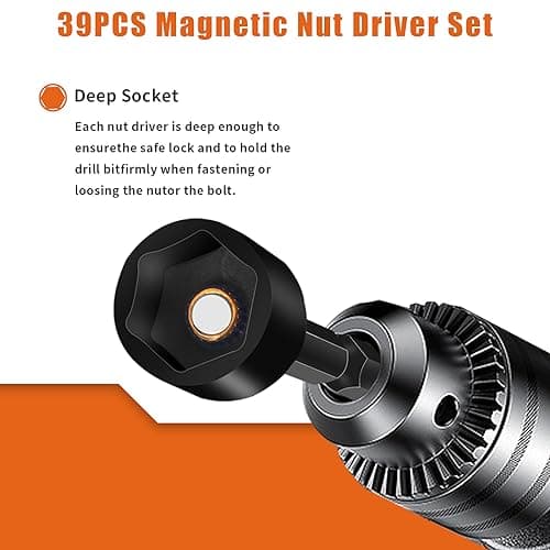 39Pcs Magnetic Nut Driver Set for Impact Drill, Metric & SAE Magnetic Impact Drill Driver Bit, 1/4" Hex Shank, Fully Magnetic Hex Nut Driver Drill Bit Master Kit, Black