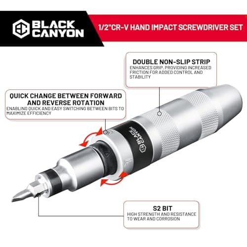 BLACK CANYON 1/2" S2 Hand Impact Screwdriver, 12-Pieces Tip Styles Slotted, Phillips, Hex, Manual Reversible Impact Driver, Disengage Rusted Fasteners or Frozen Bolts, Ideal Hand Tool for Men, Dad