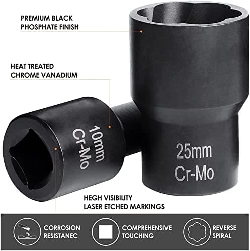 XEWEA 1/2" Drive 15PCS Lug Nut Remover and 6PCS Flip Impact Socket Set, Wheel Lock Removal Kit, Thin Wall Nut Sockets Easy Out Extractor Set for Damaged, Frozen, Rusted, Rounded-Off Bolts