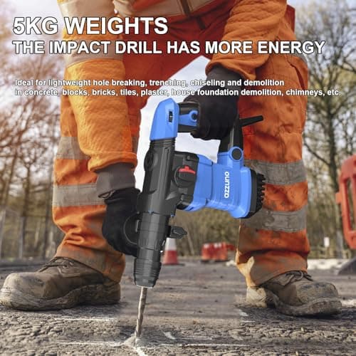 AZZUNO 1-1/4" SDS-Plus 15Amp Heavy Duty Rotary Hammer Drill, 4 Functions, for Drilling in Concrete, Brick and Stone, Includes Chisel and Drill Bits