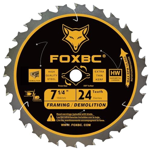FOXBC 7-1/4 inch Circular Saw Blade 24T 60 Tooth ATB Wood Cutting with 5/8" Arbor, Diamond Knockout