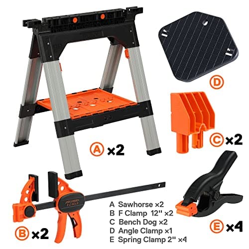 PONY 2-Pack Clamping Sawhorses, 1200 LBS Load Capacity, 30-3/4" Folding Sawhorse with 12” F Clamps, Bench Dogs, Angle Clamps, 2" Spring Clamps, Steel Legs, Heavy Duty for Woodworking