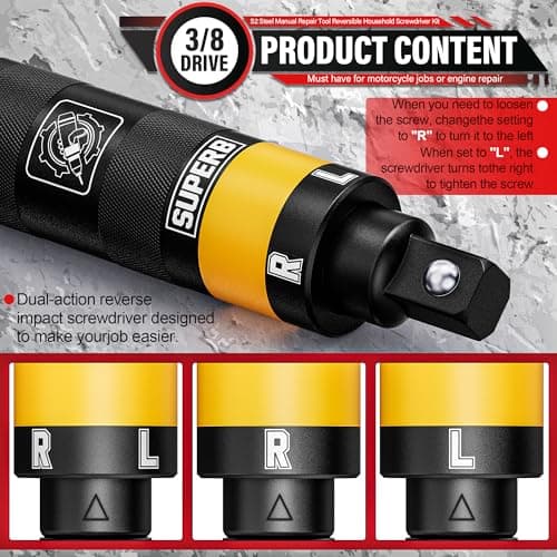 3/8" Hand Reversible Impact Driver Set, Manual Impact Screwdriver Kit, for Removing Damaged, Rusted Screw Bolt & Fasteners, 13PCS