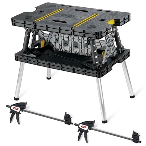 Keter Portable Folding Table Tool Storage Stand Workbench Sawhorse with 12" Clamps