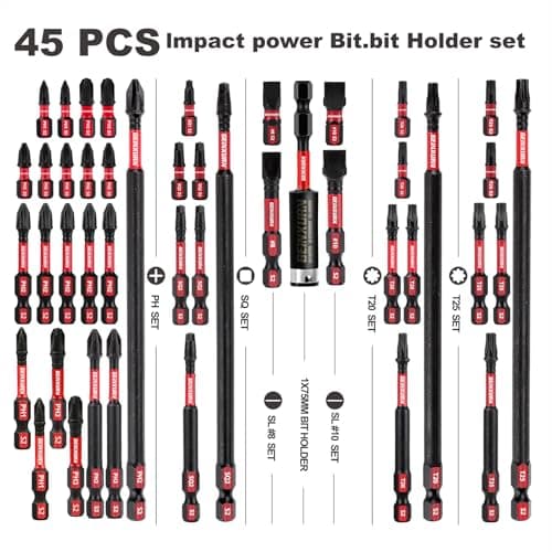 Impact Tough Magnetic Mixed 45Pack Insert Driver Bits, S2 Alloy Steel Screwdriver Power Bits Set with 1Pcs Impact Magnetic Bit Holder