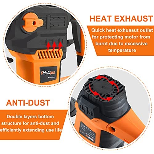 SHIELDPRO 1-1/4 Inch SDS-Plus 13 Amp Rotary Hammer Drill Heavy Duty, Safety Clutch 3 Functions with Vibration Control,Including Grease, Flat Chisels, Point Chisels and 3 Drill Bits
