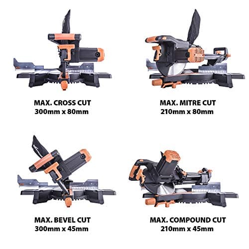 Evolution Power Tools R255SMS+ PLUS 10-Inch Sliding Miter Saw Plus Multi-Material Multi-Purpose Cutting Cuts Metal, Plastic, Wood & More 0˚ - 45˚ Bevel & 50˚ - 50˚ Miter Angles TCT Blade Included