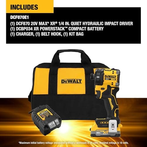 DEWALT 20V MAX XR 1/4 Inch Quiet Hydraulic Cordless Impact Driver Kit with POWERSTACK Battery and Charger (DCF870E1)