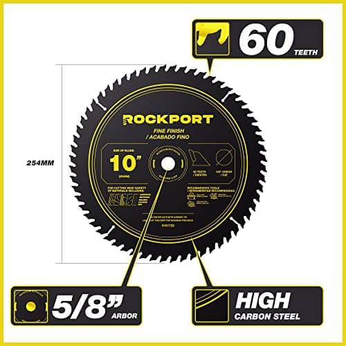 ROCKPORT Table Saw Blades 10 inch 60 Teeth - (1 Pack) 10" Table Saw Blades & 10 inch Miter Saw Blades, 5/8" Arbor, Multipupose Carbide Tip Circular Saw Blade for Fine Finish Cutting of Wood & Laminate