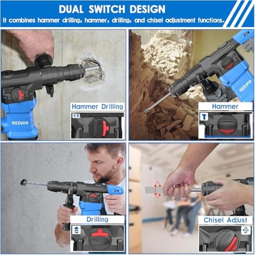 AZZUNO 1-1/4" SDS-Plus 15Amp Heavy Duty Rotary Hammer Drill, 4 Functions, for Drilling in Concrete, Brick and Stone, Includes Chisel and Drill Bits