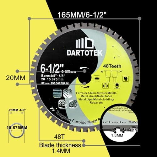 6-1/2"/165mm Metal Cutting Disc, DARTOTEK Circular Saw Blade 48T,Tungsten Carbide Tipped TCT Cut Off Wheel for Steel, Ferrous Steel Pipe with 4/5"-5/8" Arbor