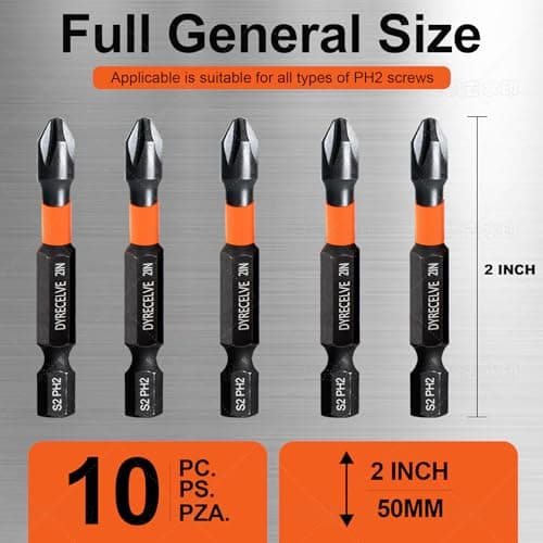 10-Pack Phillips Bits #2 Impact, 2-Inch Magnetic Phillips Head Drill & Screwdriver Bits, PH2 Premium S2 Steel 1/4" Hex Shank for Impact Drivers, Professional & DIY Use