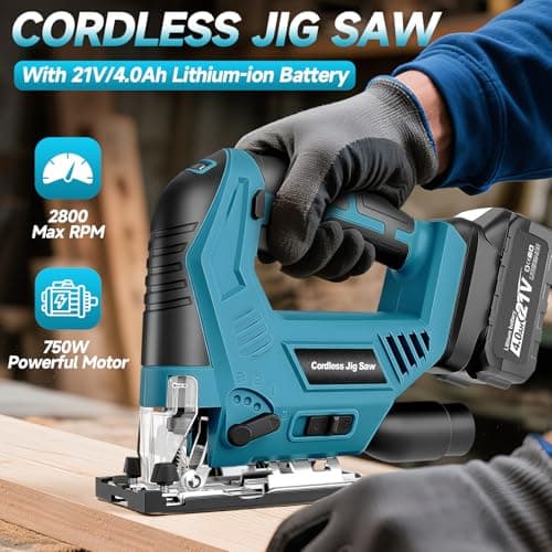 Cordless Jig Saw with 4000mAh Battery, Cordless Jigsaw Tool for Ma-kita 18V Battery, with 7 Blades, Dust Tube, 0°-45° Bevel Cuts & 4 Orbital Setting, LED Light, for Wood PVC Metal Cutting