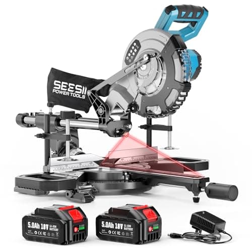 SEESII Sliding Compound Miter Saw: Cordless Power Miter Saw with Laser Guide 8-Inch, 2 * 5000 mAh Batteries, Single Bevel 45°, 24T TCT Blade, Max Cut 2.5×12-inch, Ideal for DIY & Woodworking