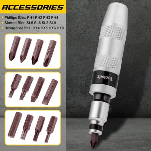 Toolwiz 1/2" Hand Impact Screwdriver Set - 14 Pcs, Reversible Manual Impact Driver with S2 Steel Screwdriver Bits for Disengage Rusted Fasteners or Frozen Bolts