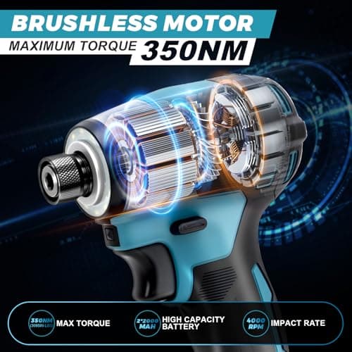 Impact Driver Kit,21V Max Torque 3095 In-lbs(350 N.m) Cordless Impact Driver Set with Two 2.0 Ah Battery, 1/4" Hex Chuck Power Impact Drill, 0-4000 RPM Variable Speed,10Pcs Bits,Toolboxes