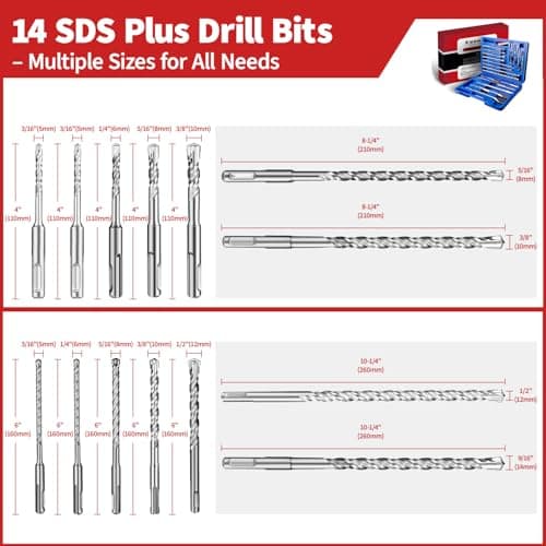 19-Piece SDS Plus Hammer Drill Bits for Concrete and Chisels Set, Cross Carbide Tip Masonry Drill Bit Set, Heavy-Duty Concrete Drill Bits for Brick & Stone, Storage Case Included