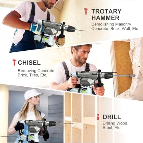 PTS 1-9/16 Inch SDS-Max Rotary Hammer, 13.5 Amp Heavy Duty 3 Functions Corded Concrete Demolition Hammer, w/Vibration Control & Safety Clutch, Includes Drill Bits, Chisels, Carrying Case (Green)