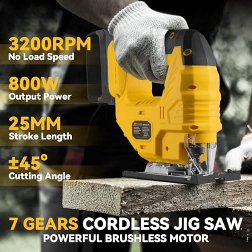 Cordless Jig Saw for De-Walt 20V Battery, 7 Speed Variable Up to 3200RPM, LED Light, 45° Bevel Cuts, 3 Orbital Motions, with Jig Saw Blade for Straight/Curve/Circle Cutting(Battery Not Include)