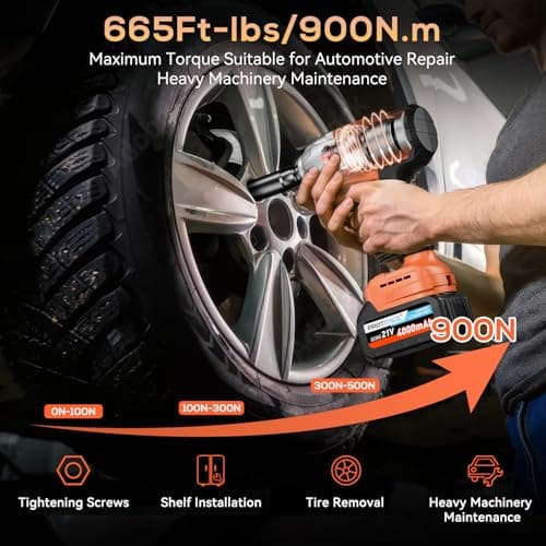 Cordless Impact Wrench, 665Ft-Ibs (900N.m) 1/2" Electric Impact Wrench, 21V Power Impact Drill with 2x 4.0Ah Battery, 6 Sockets, 8 Drill, 6 Screws, Impact Gun Variable Speeds for Car/Truck/Mower