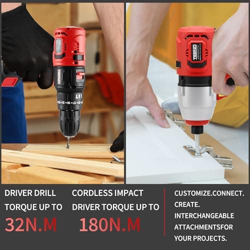 Cordless Drill and Impact Driver, Electric Drill and Impact Driver Combo Kit with 3/8-inch Electric Drill and 1/4-inch Impact Driver with 2 * 1.5A Batteries